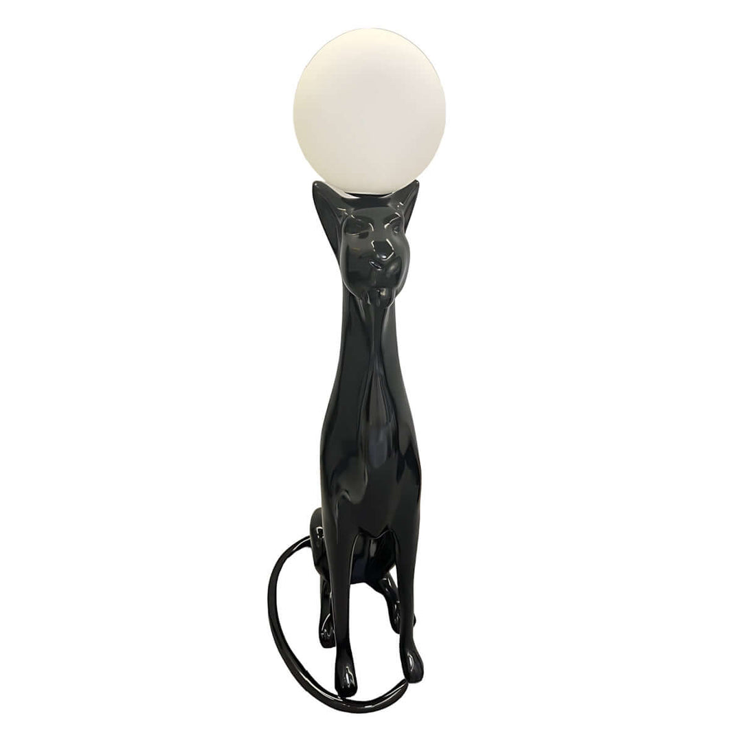 Black cat-shaped lamp with round white shade, perfect for quirky home decor and eclectic lighting.