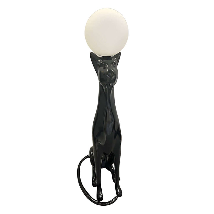 Black cat-shaped lamp with round white shade, perfect for quirky home decor and eclectic lighting.