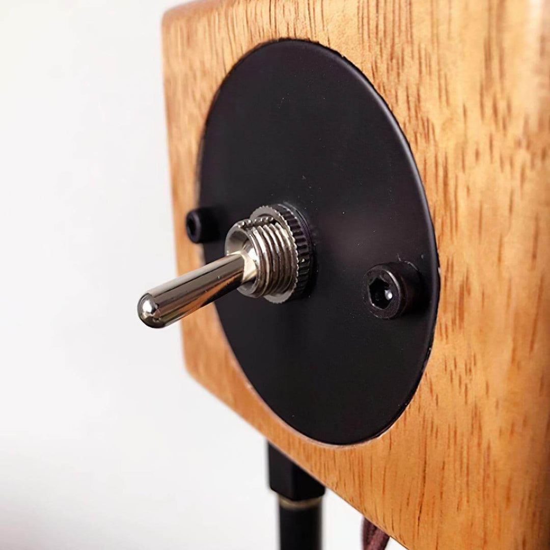 Close-up of the retro floor lamp switch, showcasing a black circular base and silver toggle switch on natural wood.