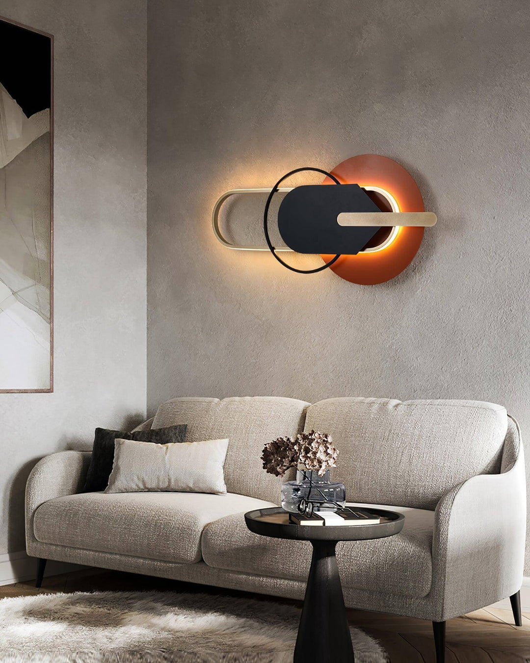 Contemporary round and oval wall light above a cozy sofa, perfect as large wall sconces for living room decor.