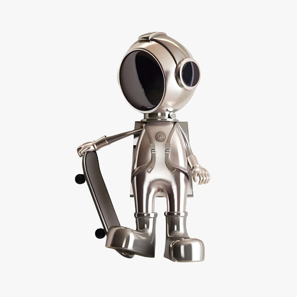 Metallic astronaut sculpture holding skateboard, modern Art Deco decor for living room, unique resin decorative ornament.