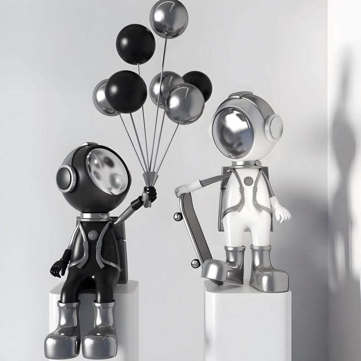 Decorative resin astronaut sculptures holding balloons and skateboard, ideal for modern living room decor.