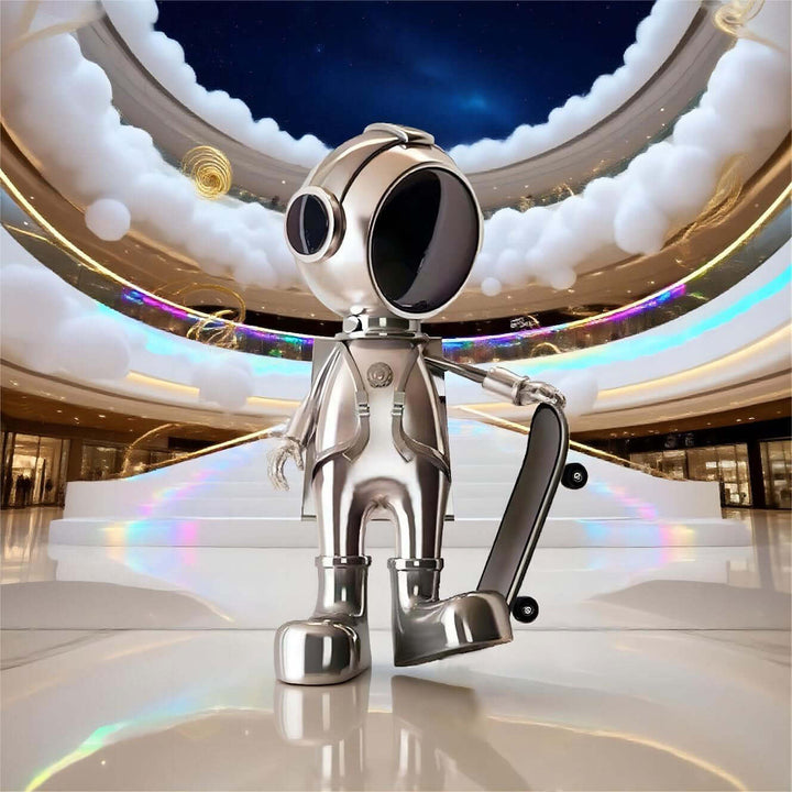 Skateboarding astronaut resin sculpture in a modern indoor setting, ideal for living room decorations and Art Deco style.