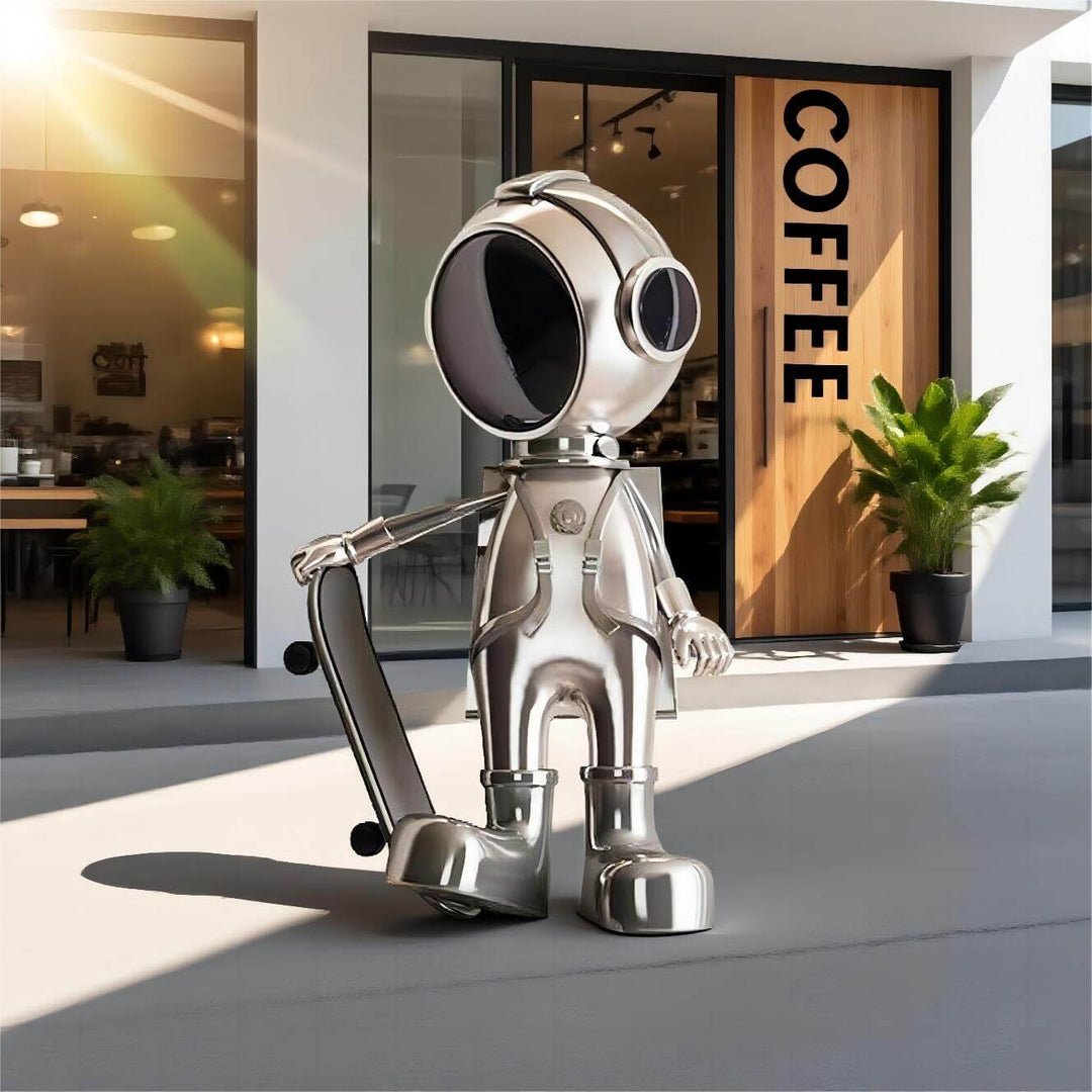 Skateboarding astronaut sculpture in a modern coffee shop setting, showcasing Art Deco style and unique design.