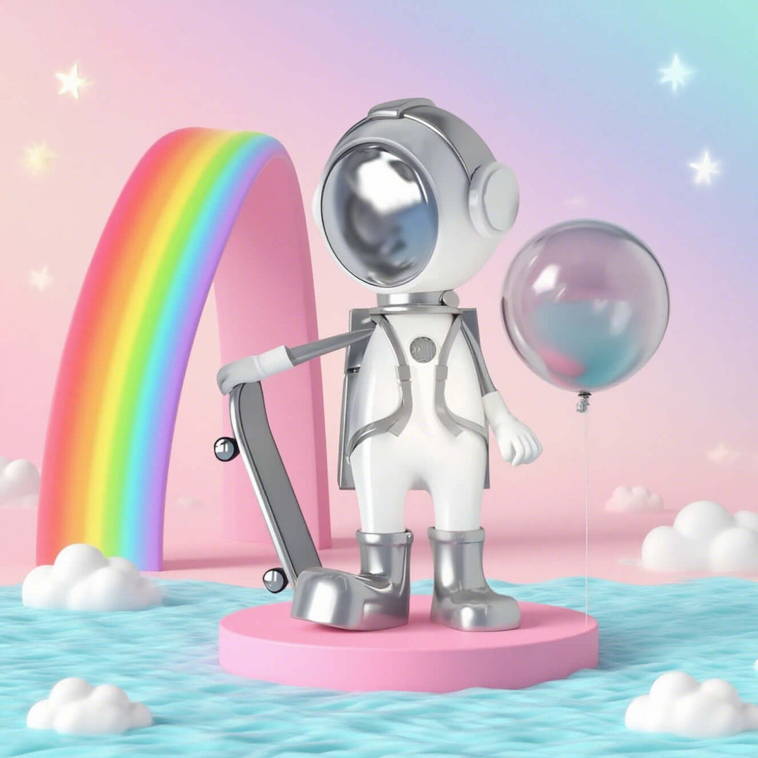 Colorful astronaut sculpture holding a balloon, with a rainbow backdrop, perfect for whimsical home decor.