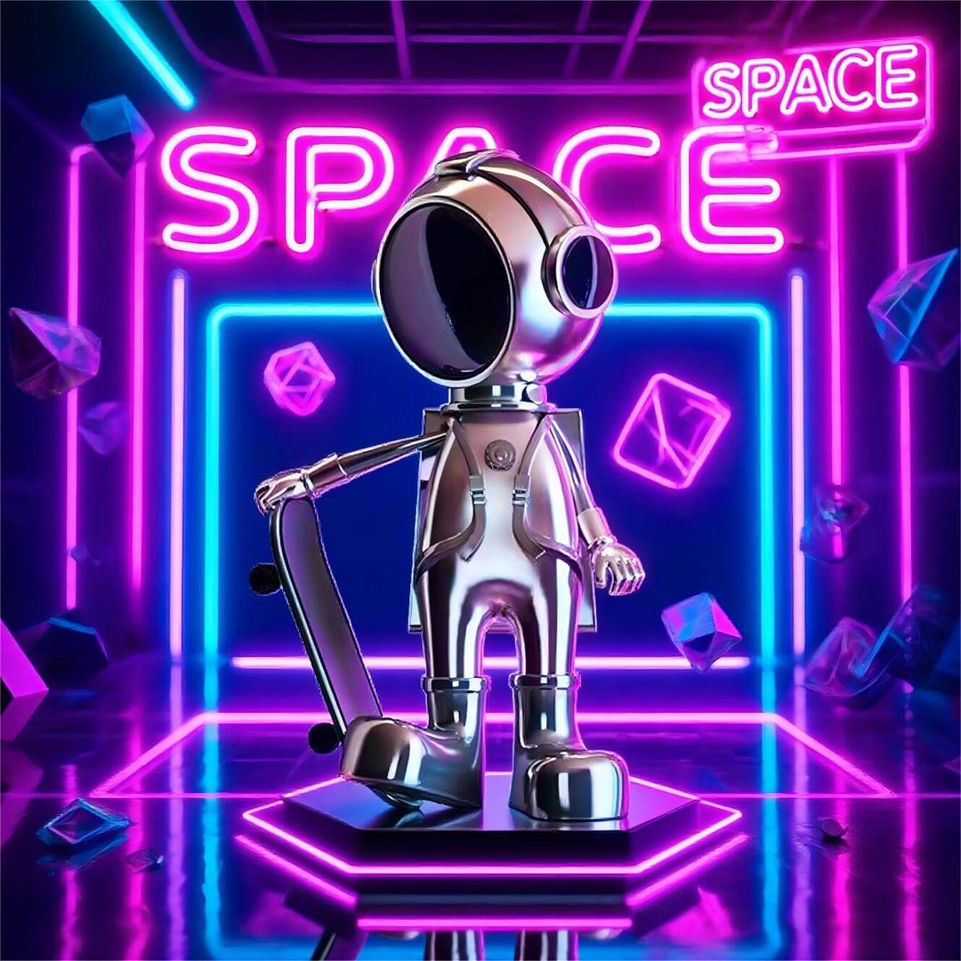 Sleek resin astronaut sculpture with skateboard in a vibrant neon space setting, ideal for modern living room decor.