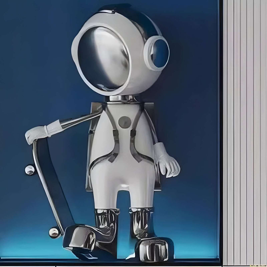 Skateboarding astronaut sculpture in resin, a decorative ornament for modern living room art deco styles.
