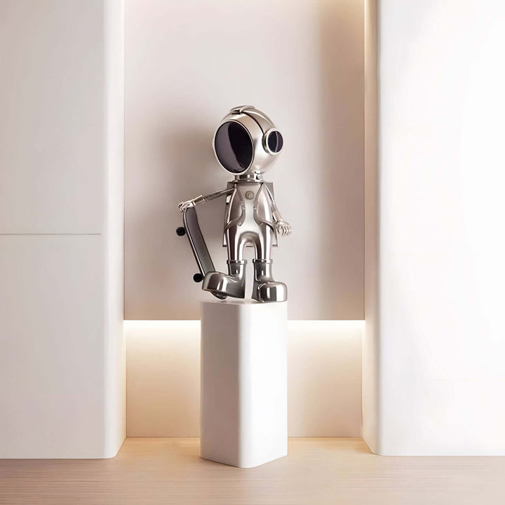 Skateboarding astronaut resin sculpture displayed as a decorative ornament in modern living room decor, Art Deco style.