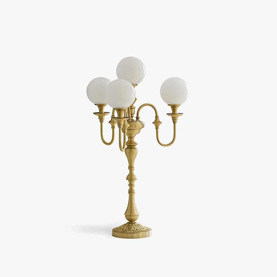 Solora brass table light featuring a mid century design with four globe shades, perfect as table lights for living room decoration.