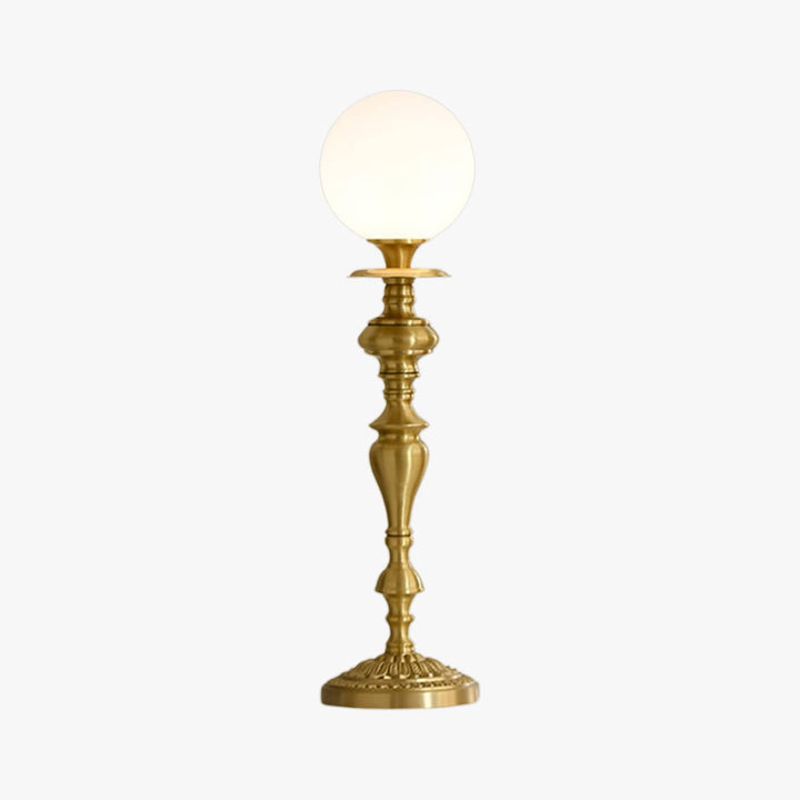 Solora Table Light: vintage brass lamp with white globe, perfect table light for living room decor.