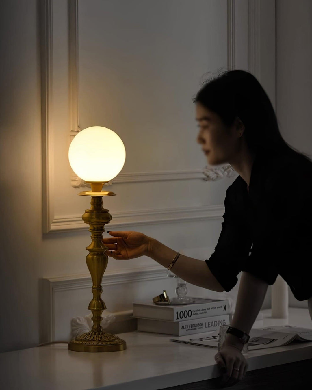 Solora Table Light: brass lamp with vintage milk glass, perfect table light for living room, size Dia 15cm x H 60cm.