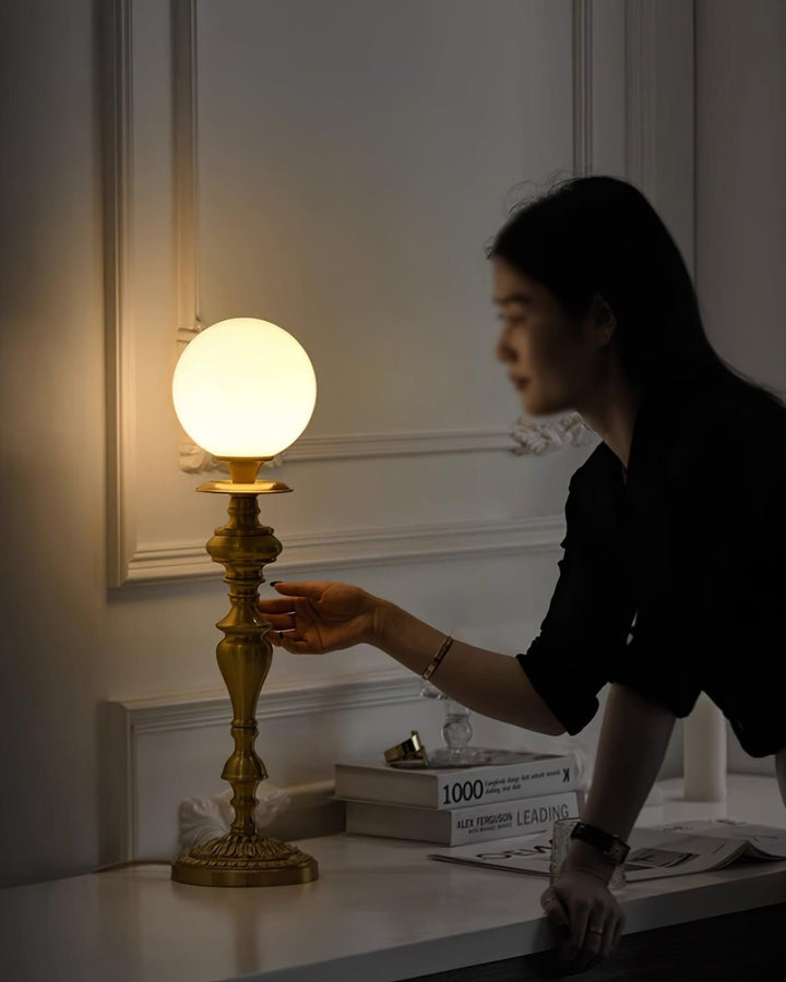 Solora Table Light: brass lamp with vintage milk glass, perfect table light for living room, size Dia 15cm x H 60cm.