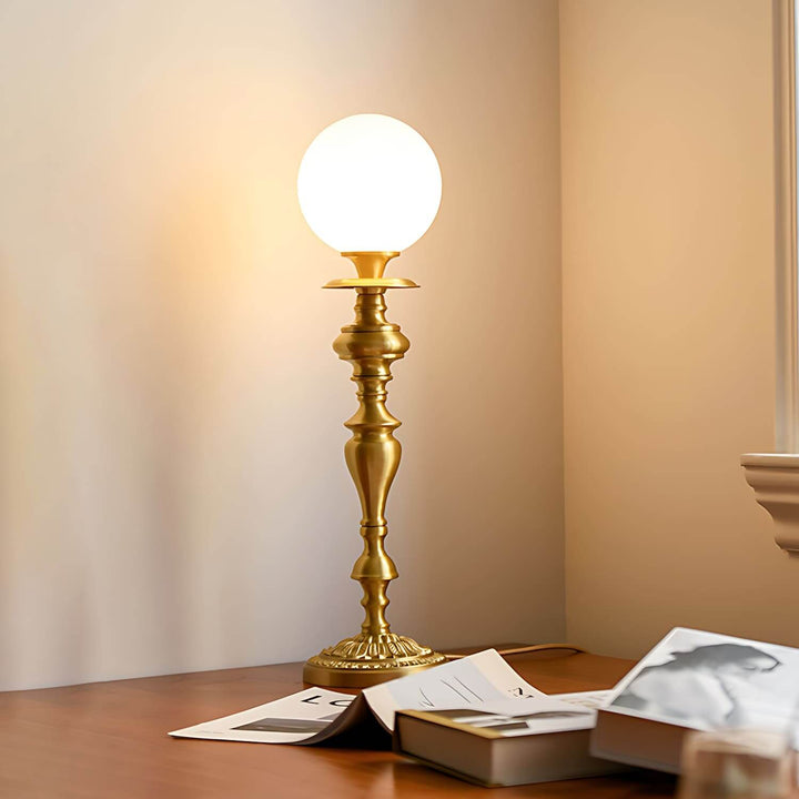 Solora Table Light: vintage brass lamp with milk glass globe for living room decor, height 60cm, stylish lighting solution.