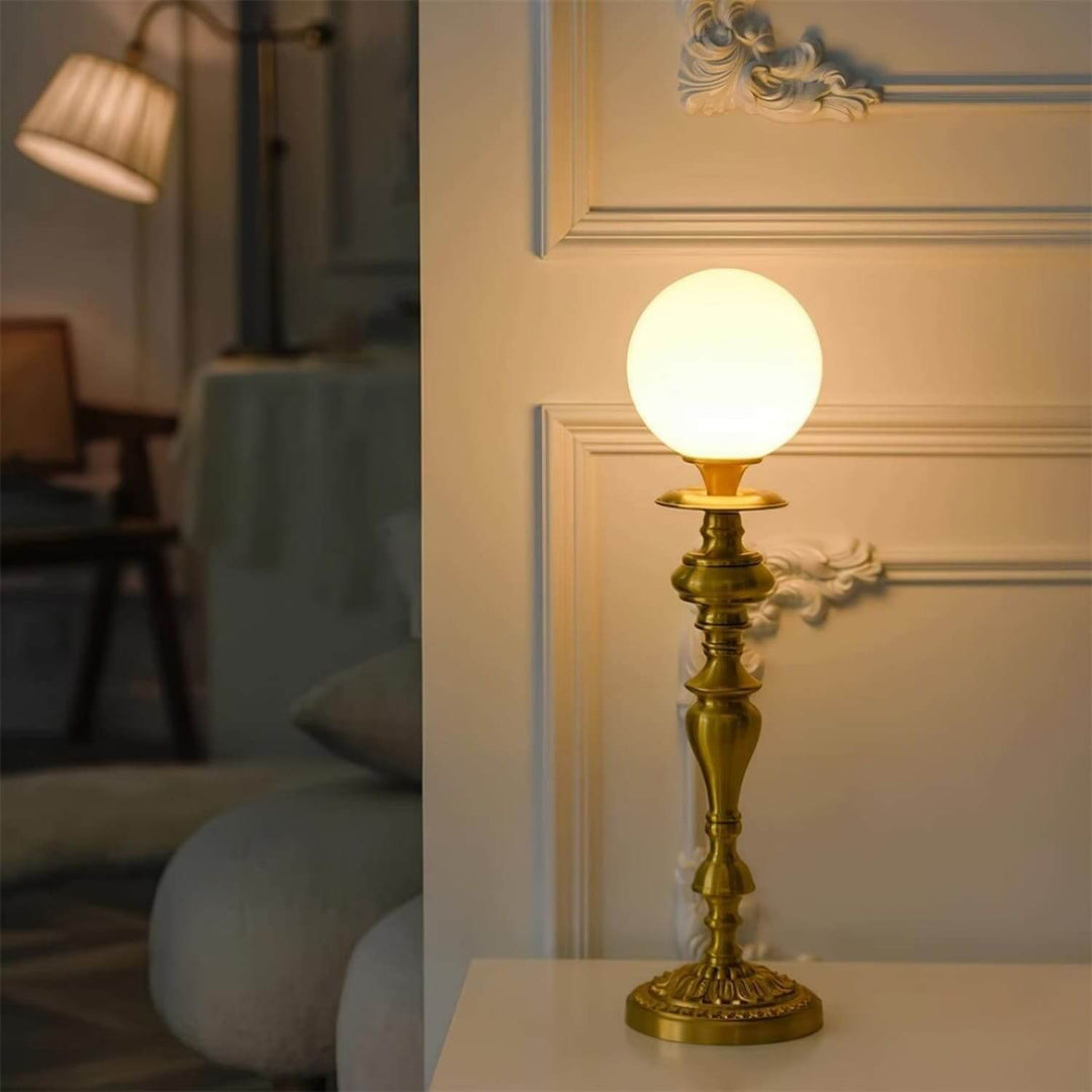 Solora Table Light in brass with vintage milk glass globe, ideal for living room decor as a stylish table vintage lamp.
