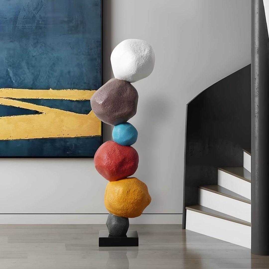Colorful stacked stone sculpture, decorative resin art for modern living room, stylish Art Deco home decor.