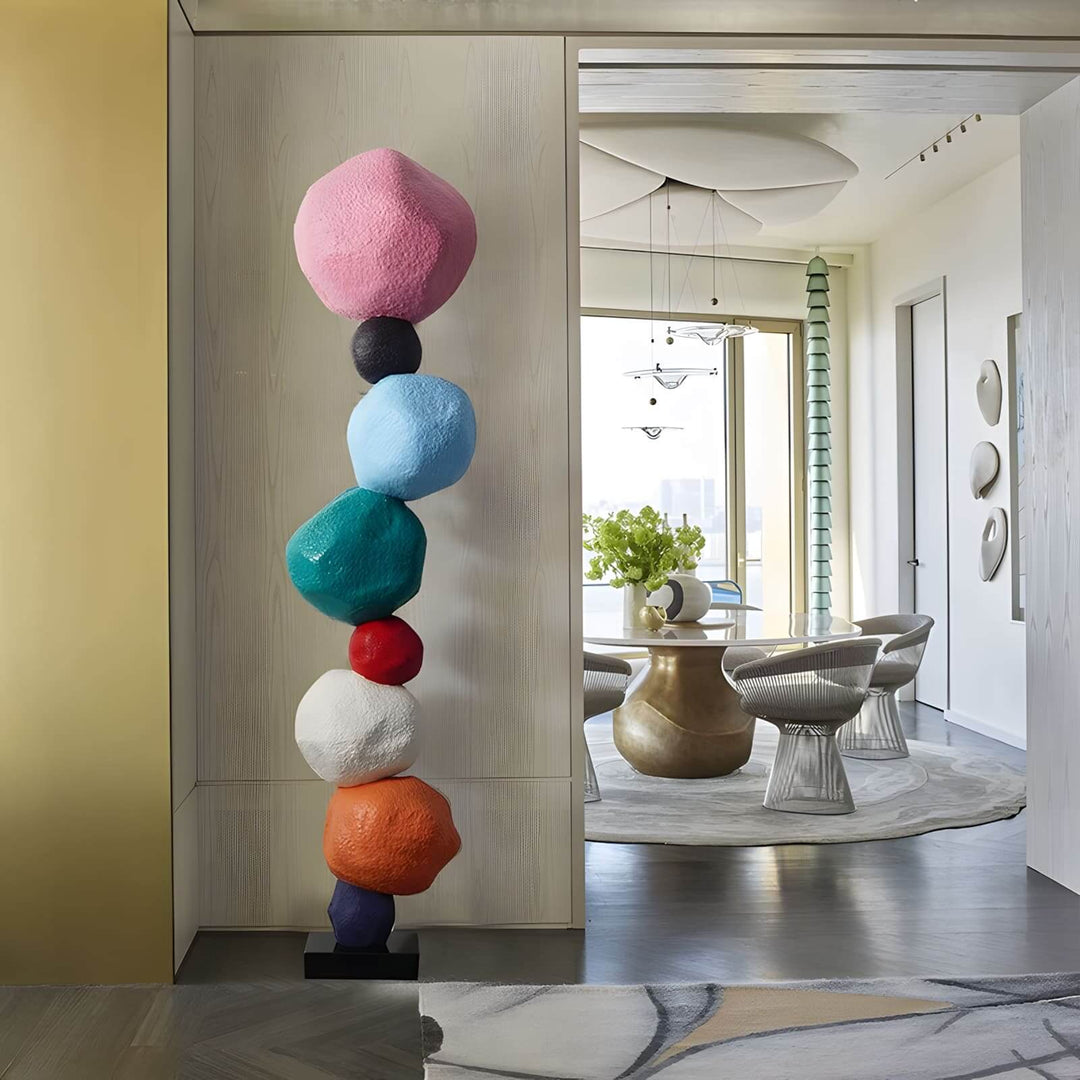 Colorful stacked stone resin sculpture, perfect for living room decorations and Art Deco style ambiance.