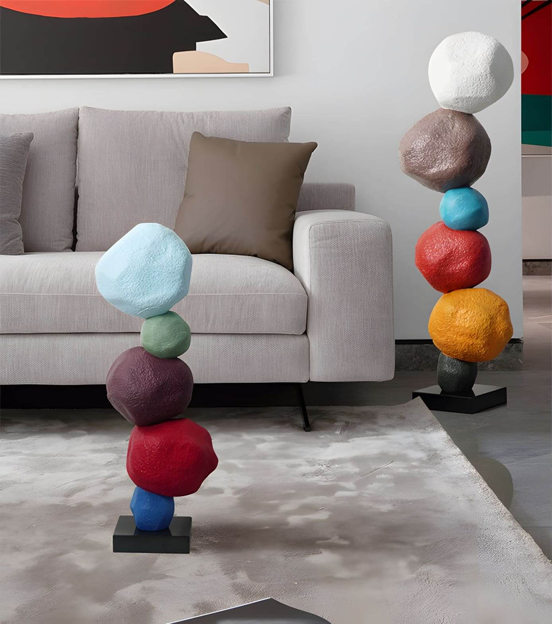 Colorful stacked stone sculpture as stylish living room decoration, showcasing unique Art Deco design.
