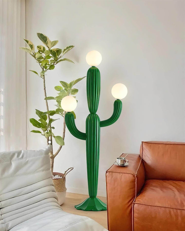 Stylish cactus floor lamp with three globes, adding a touch of art deco charm to modern living spaces.