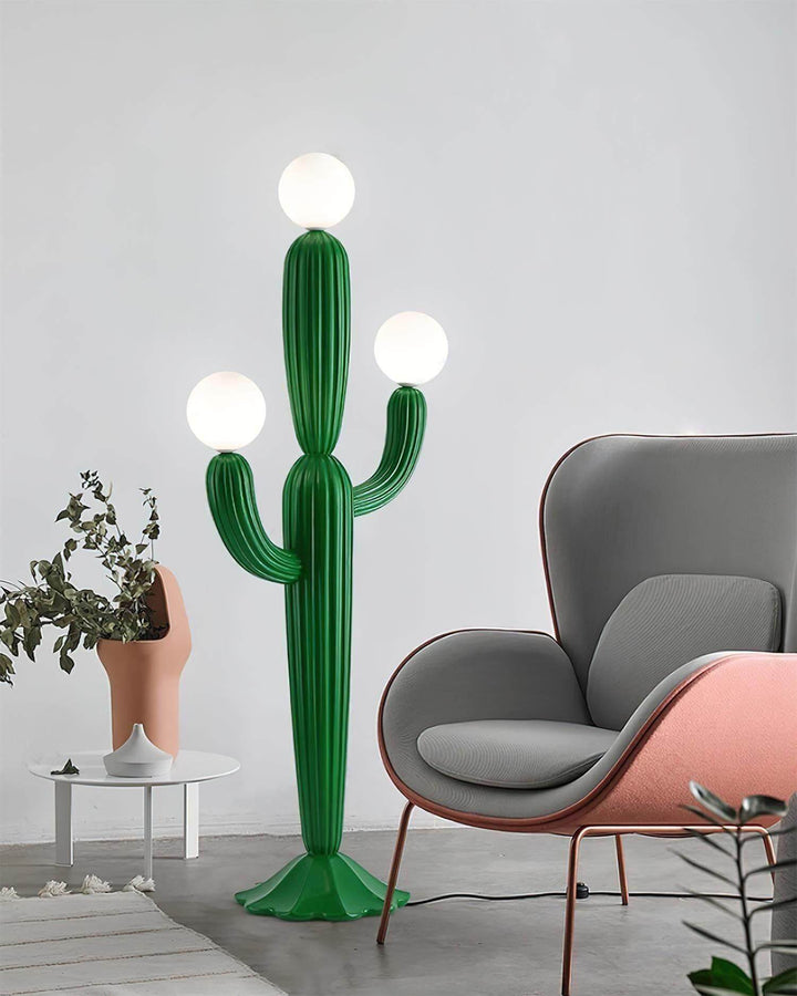 Standing Cactus Floor Lamp in vibrant green, a sculptural art deco design with three globes, perfect for modern interiors.