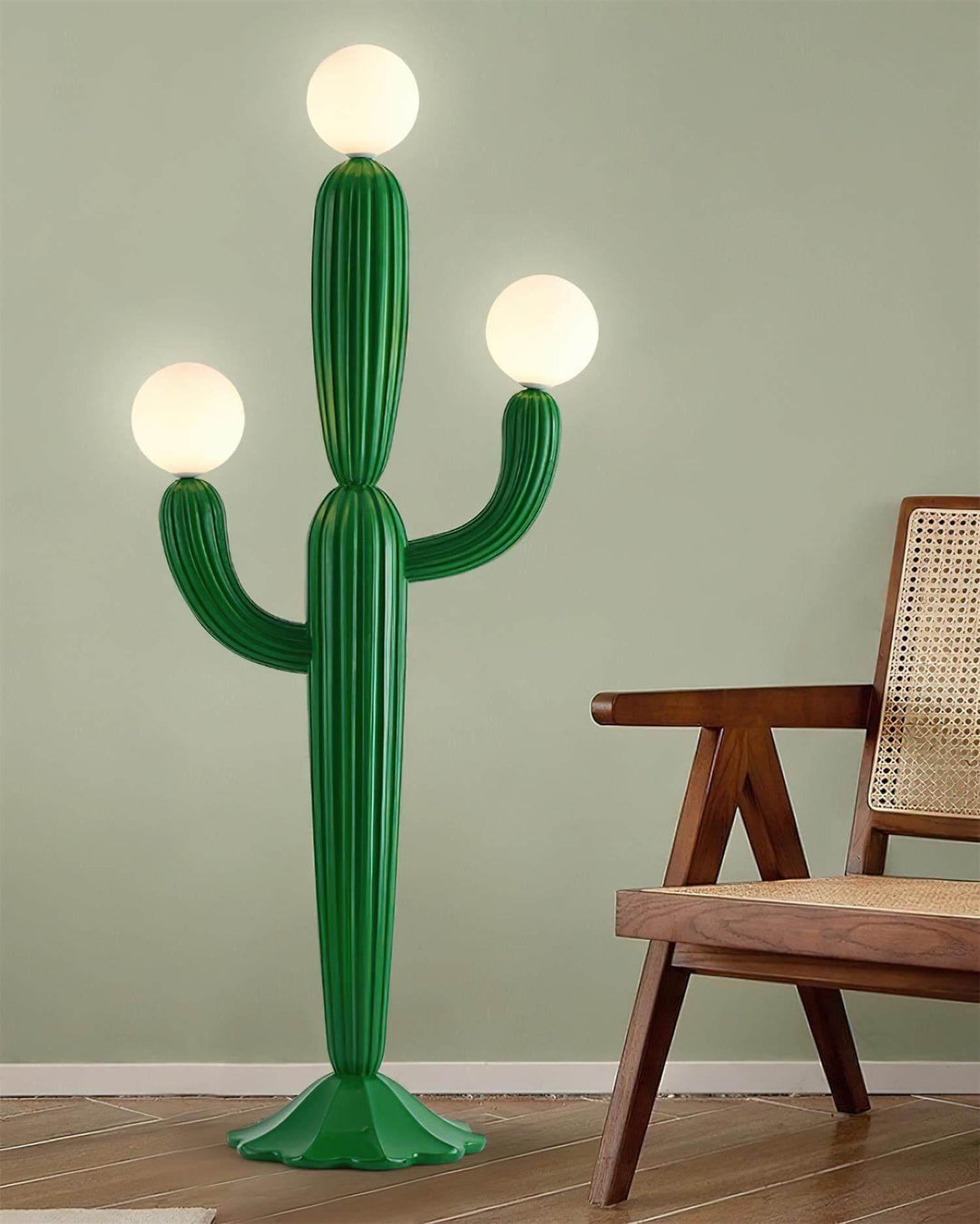 Standing Cactus Floor Lamp featuring three globes, a green sculptural design, ideal for art deco decor.