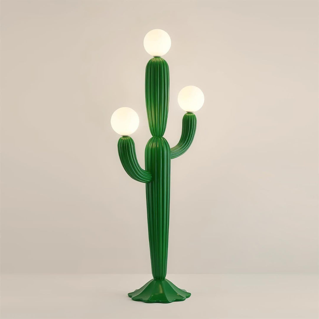 Sculptural green cactus floor lamp with three globe lights, perfect for art deco decor, 120cm tall.