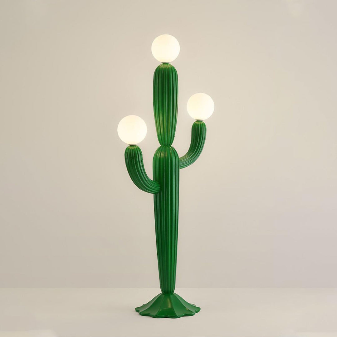 Stylish green cactus floor lamp with three spherical lights, perfect for art deco and contemporary decor.