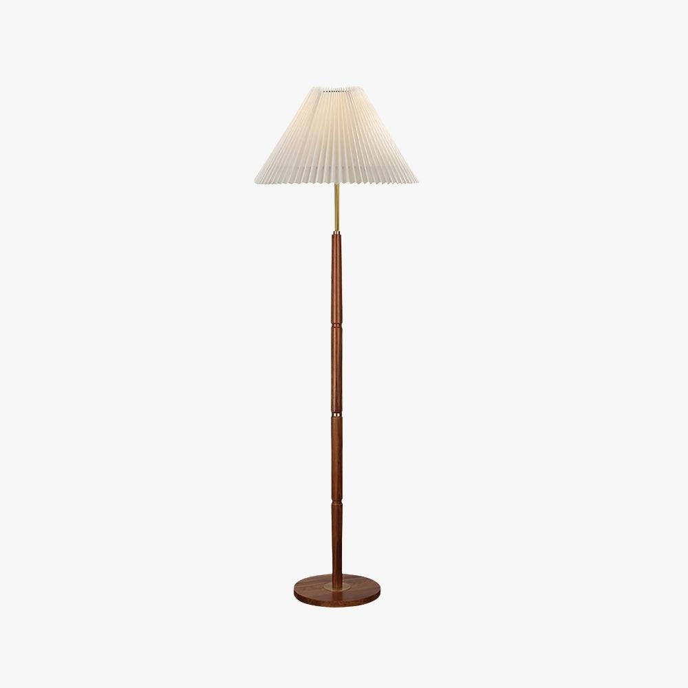 Suki Pleated Floor Lamp, a mid-century modern wooden floor lamp perfect for behind the sofa, with a pleated white shade.