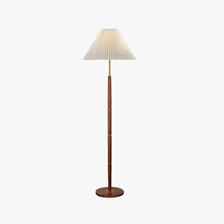 Suki Pleated Floor Lamp, a mid-century modern wooden floor lamp perfect for behind the sofa, with a pleated white shade.