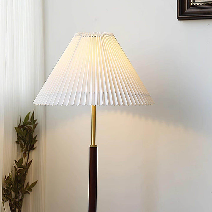 Suki Pleated Floor Lamp, a wooden mid century modern floor lamp ideal for behind sofa use, 145cm height.