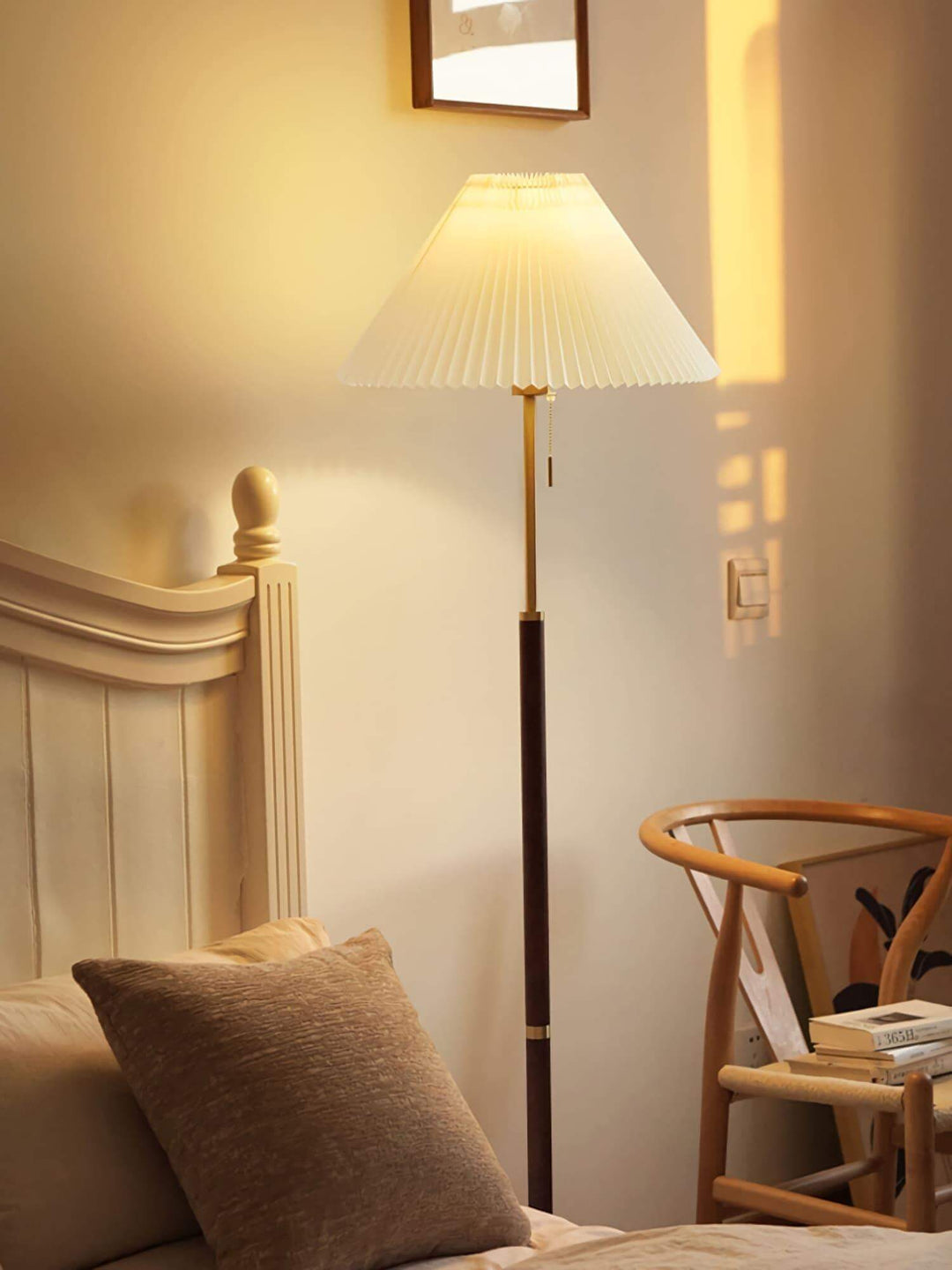 Suki Pleated Floor Lamp in a cozy bedroom, showcasing mid-century modern design, ideal as a behind sofa lamp.