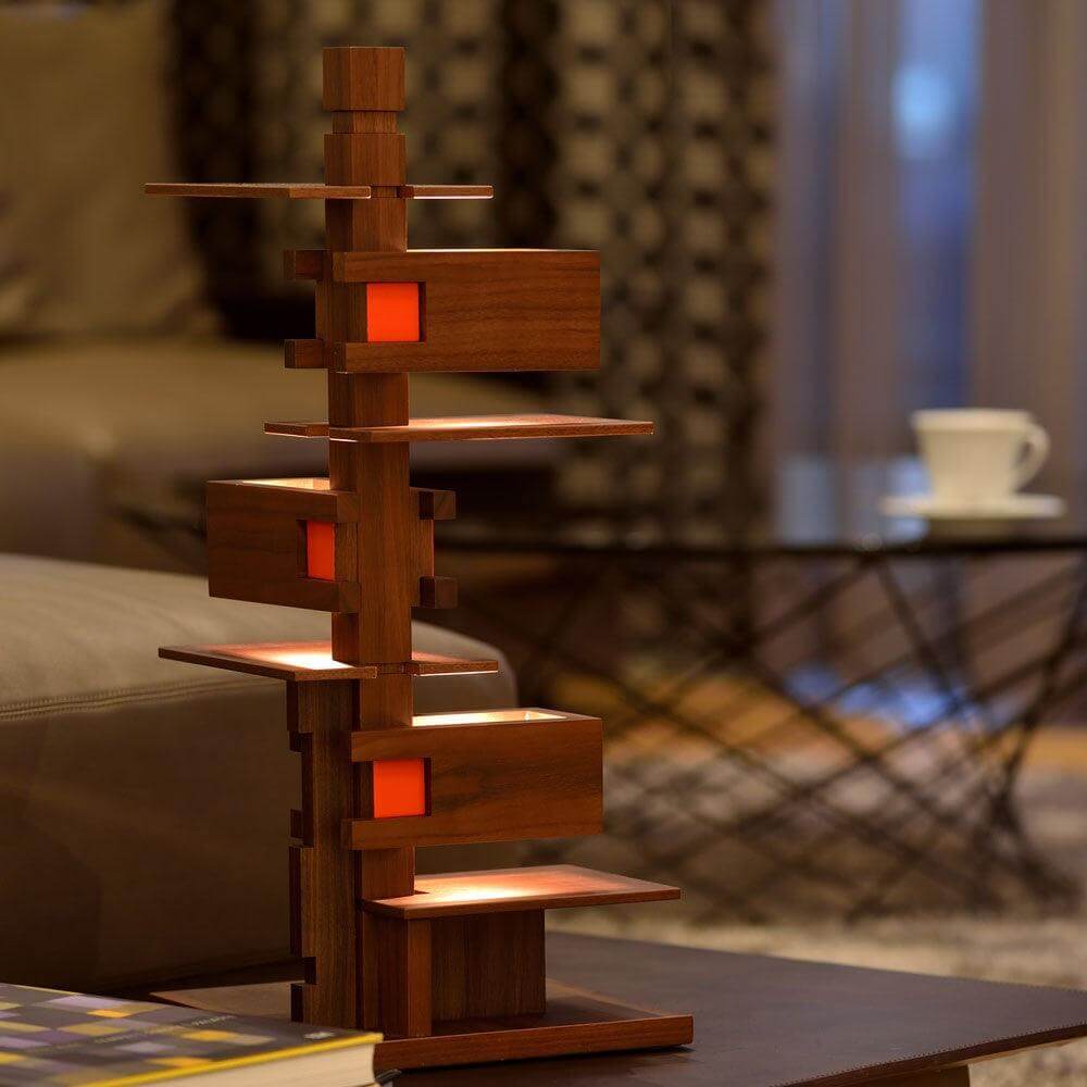 Art Deco style wooden table lamp with unique design, perfect for living room decor.