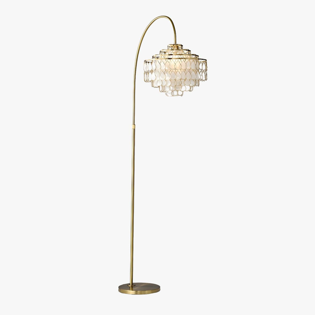 Teardrops Shell Arc Floor Lamp in gold, a coastal decorative floor lamp perfect for bedroom lighting.