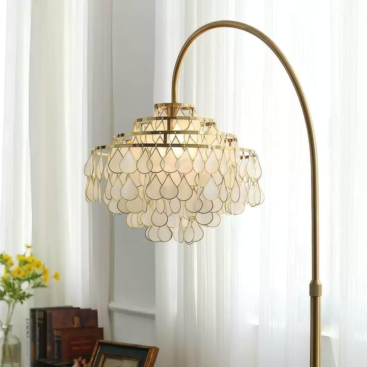 Teardrops Shell Arc Floor Lamp, a coastal decorative floor lamp ideal for bedroom lighting, 40cm diameter and 190cm height.