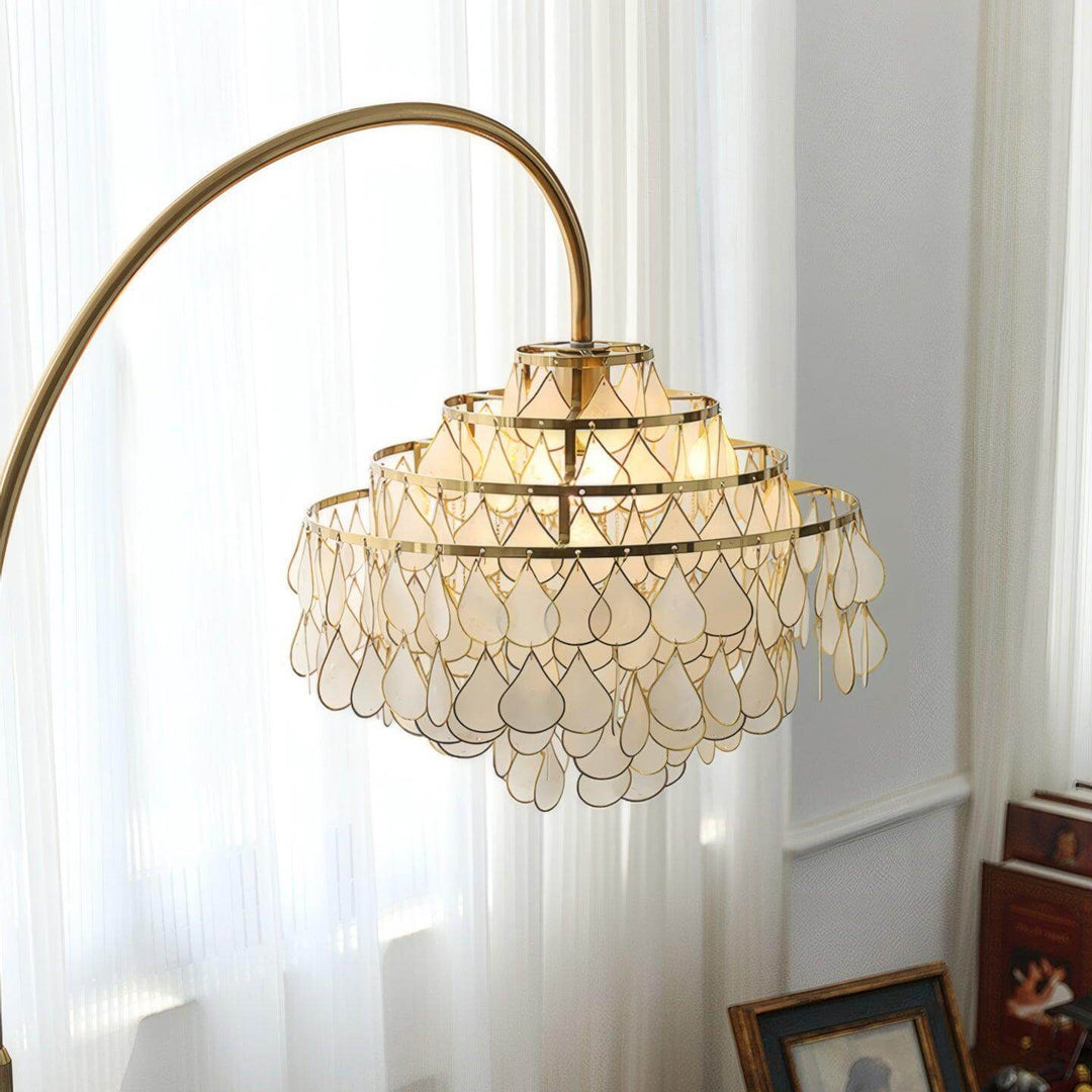 Teardrops Shell Arc Floor Lamp featuring decorative shell design, perfect coastal floor lamp for stylish bedroom lighting.