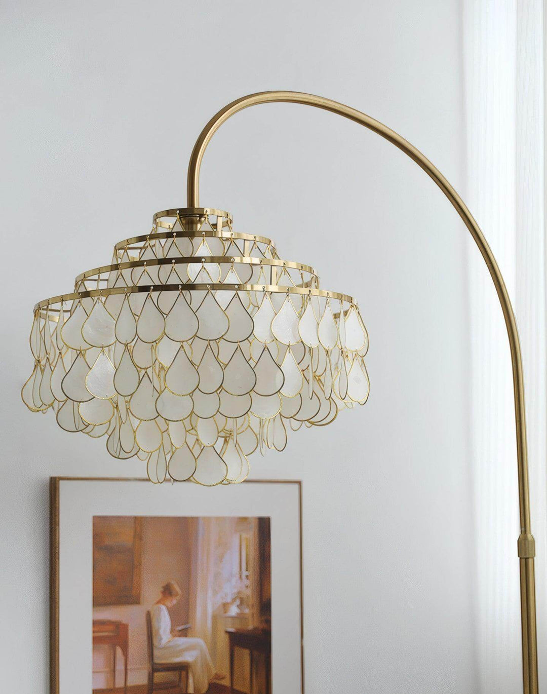 Teardrop Shell Arc Floor Lamp, a decorative coastal floor lamp perfect for bedroom lighting, 40cm diameter, 190cm height.