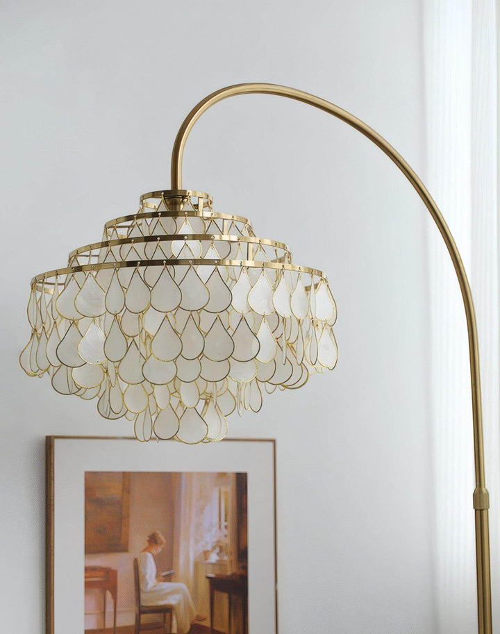 Teardrop Shell Arc Floor Lamp, a decorative coastal floor lamp perfect for bedroom lighting, 40cm diameter, 190cm height.