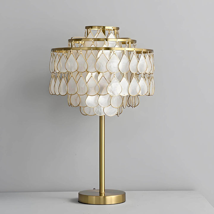 Brass table light with teardrop shell design, luxury coastal bedside lamp 30cm dia x 50cm height.