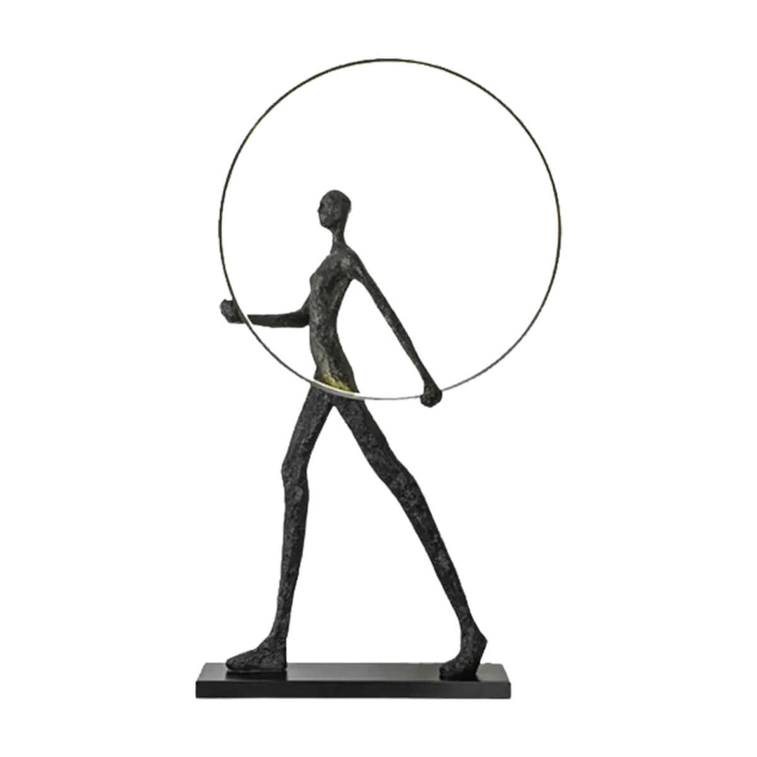 Sculptural figure holding a circular hoop, modern art decor for stylish interiors.