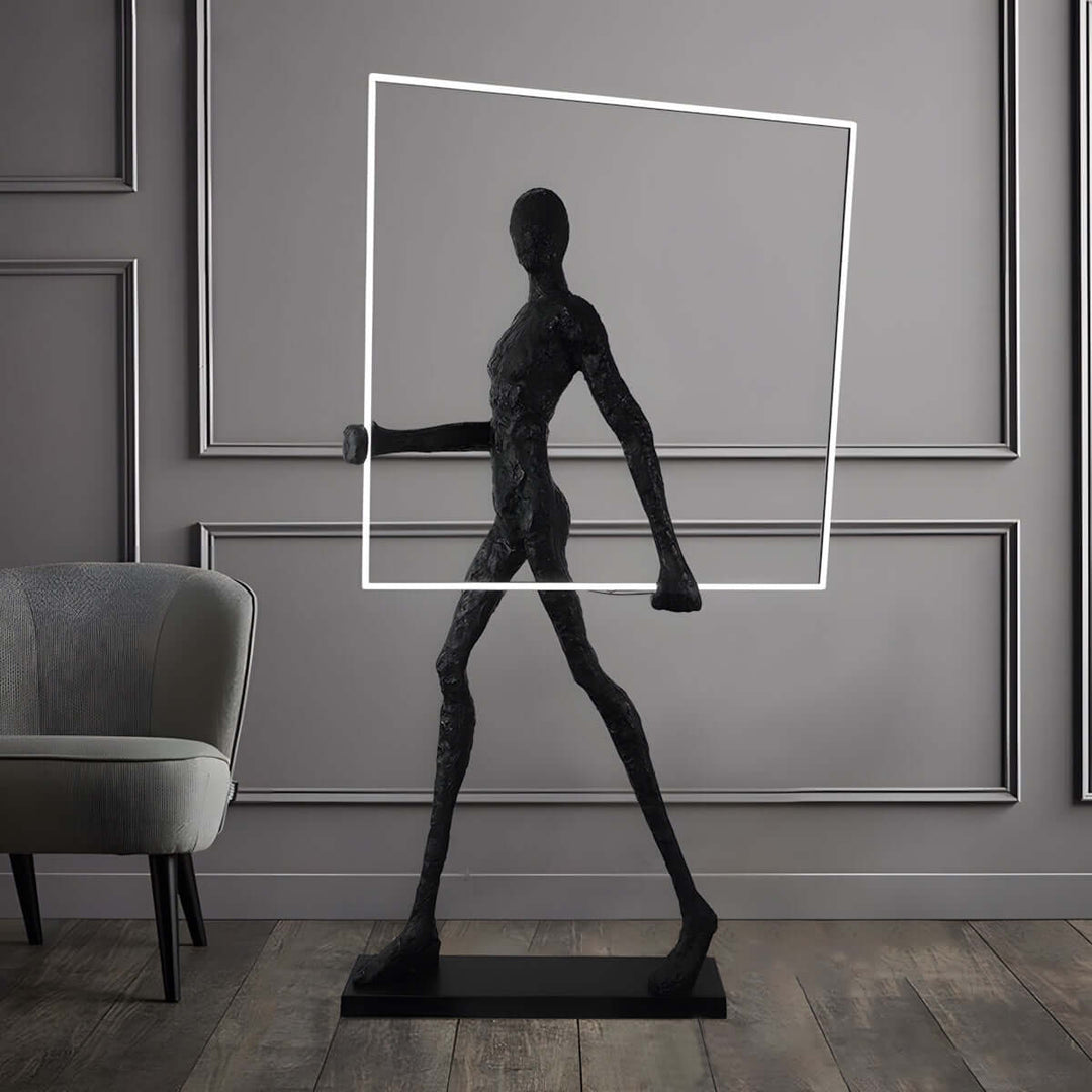 Sculptural Tivoro square floor lamp in modern living room setting, featuring a sleek, art deco design.