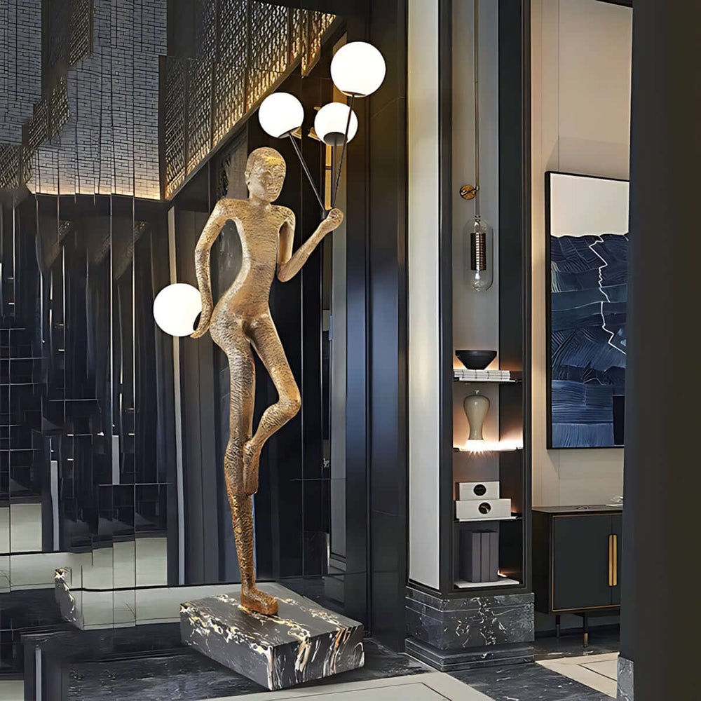 Varnilo sculptural floor lamp in modern living room, art deco style lighting featuring unique figure design.