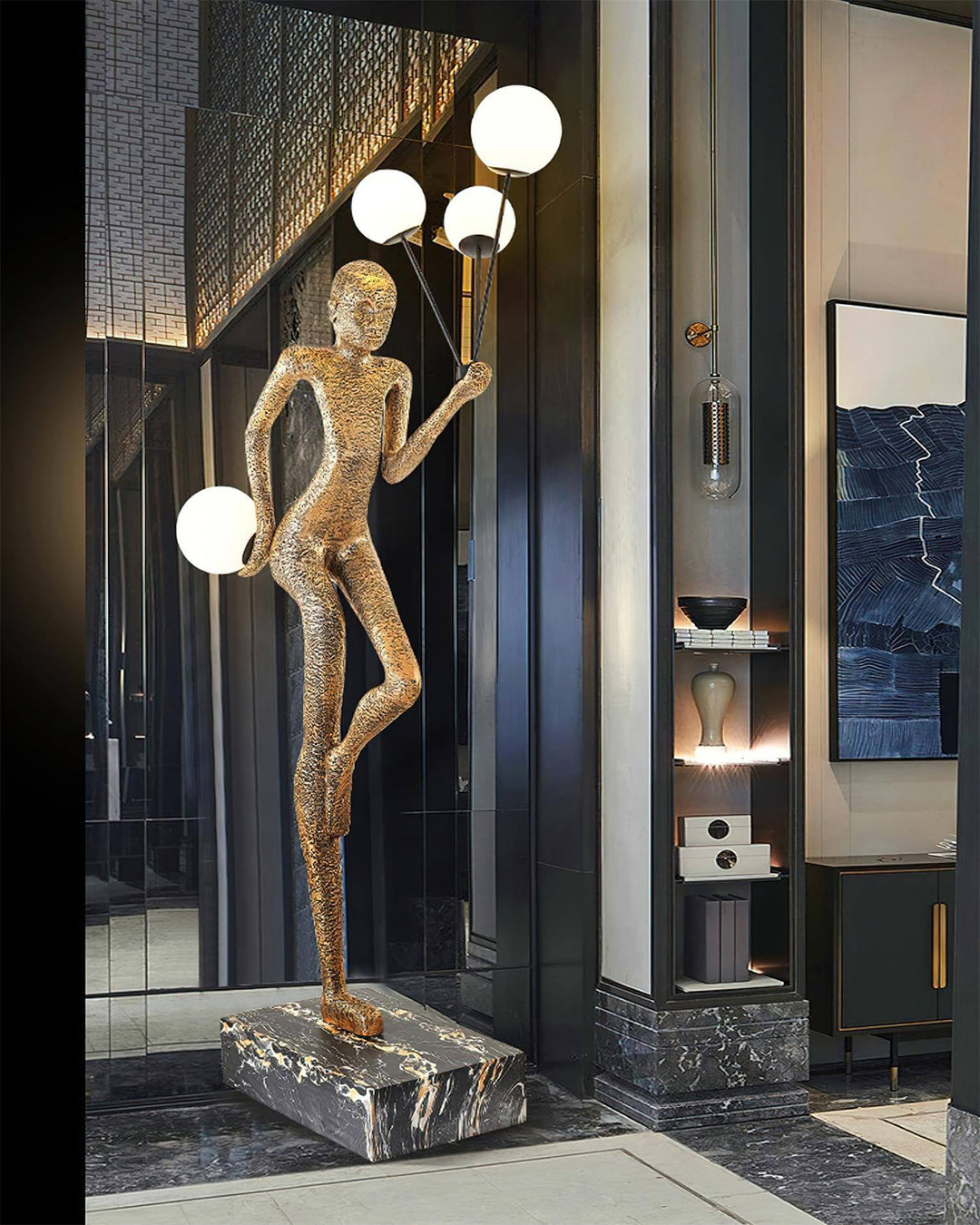 Varnilo sculptural floor lamp in stylish living room, art deco design with elegant lighting and decorative elements.
