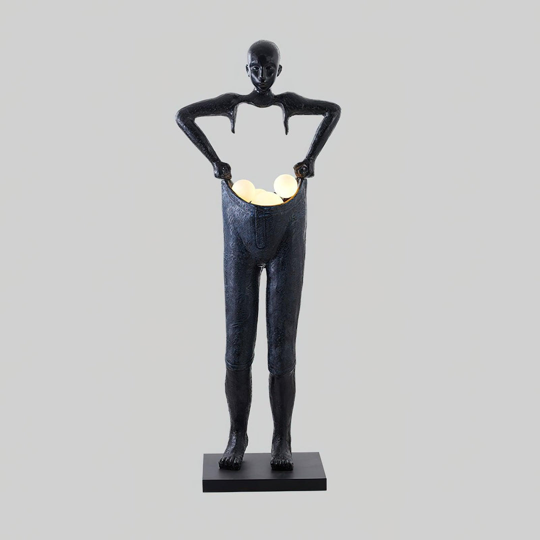 Sculptural floor lamp in art deco style featuring a unique design of a figure holding light globes.