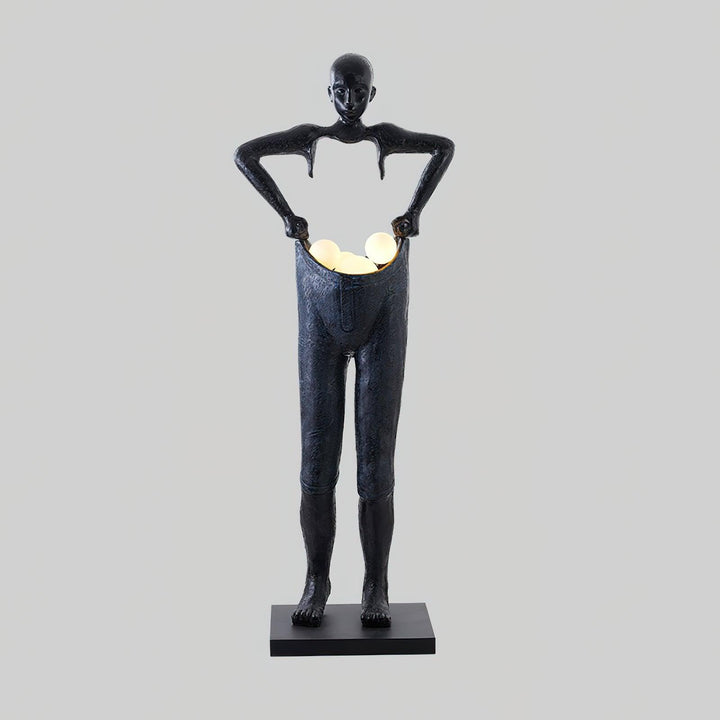 Sculptural floor lamp in art deco style featuring a unique design of a figure holding light globes.