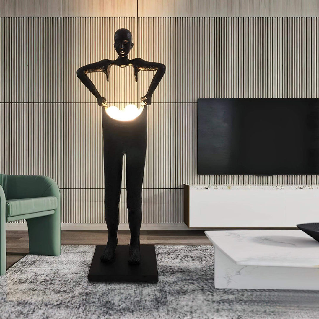Sculptural art deco floor lamp featuring a quirky mannequin design, perfect for living room lighting.