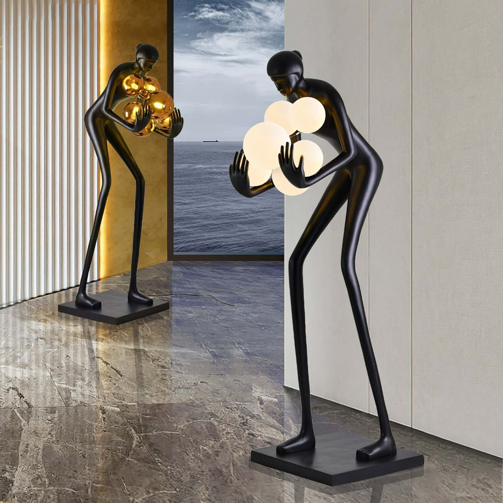 Velmora Sculptural Floor Lamp, a stylish Art Deco resin sculpture for living room decoration.