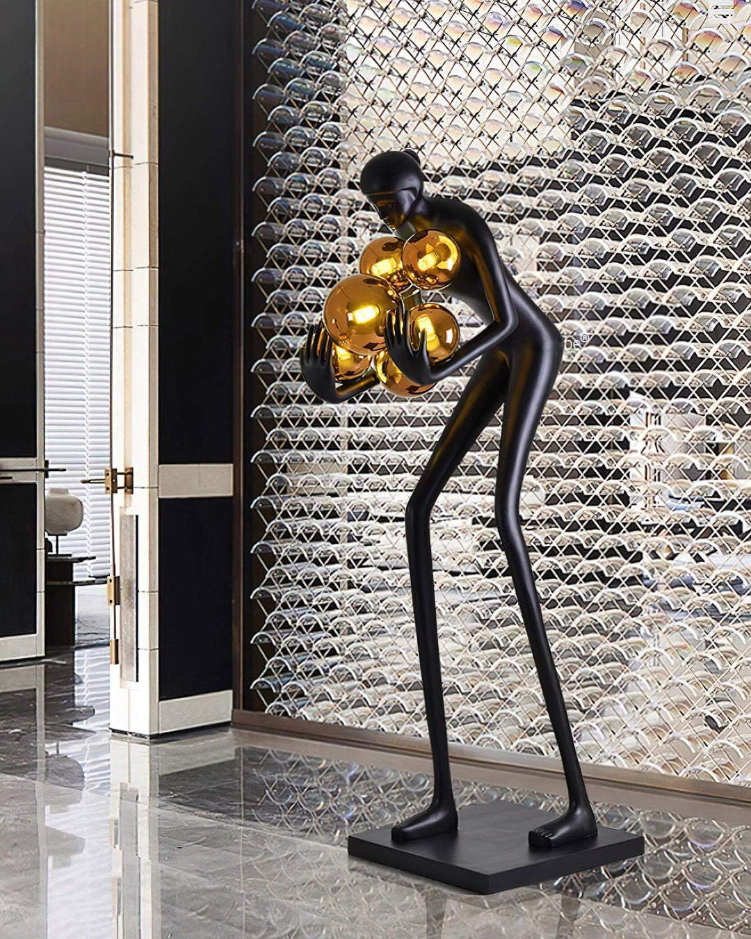 Velmora Sculptural Floor Lamp: 180cm tall resin sculpture with gold accents, ideal for Art Deco living room decorations.