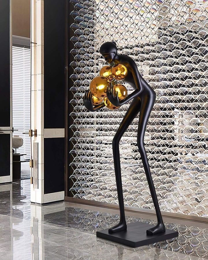 Velmora Sculptural Floor Lamp: 180cm tall resin sculpture with gold accents, ideal for Art Deco living room decorations.