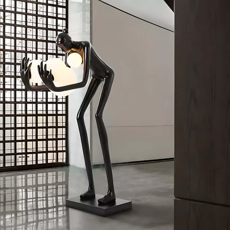 Velmora Sculptural Floor Lamp in modern living room, featuring resin sculpture art deco design and decorative ornaments.