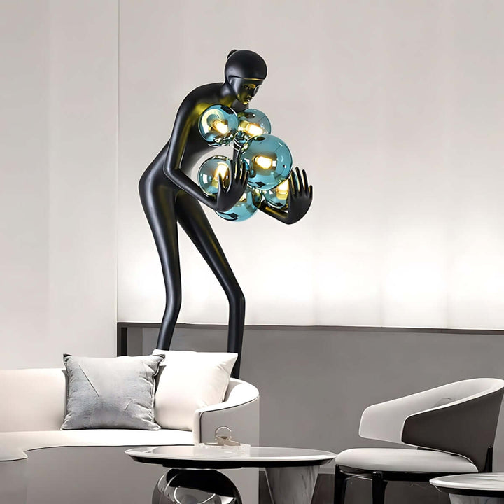 Velmora Sculptural Floor Lamp, resin sculpture as unique living room decoration in Art Deco style.