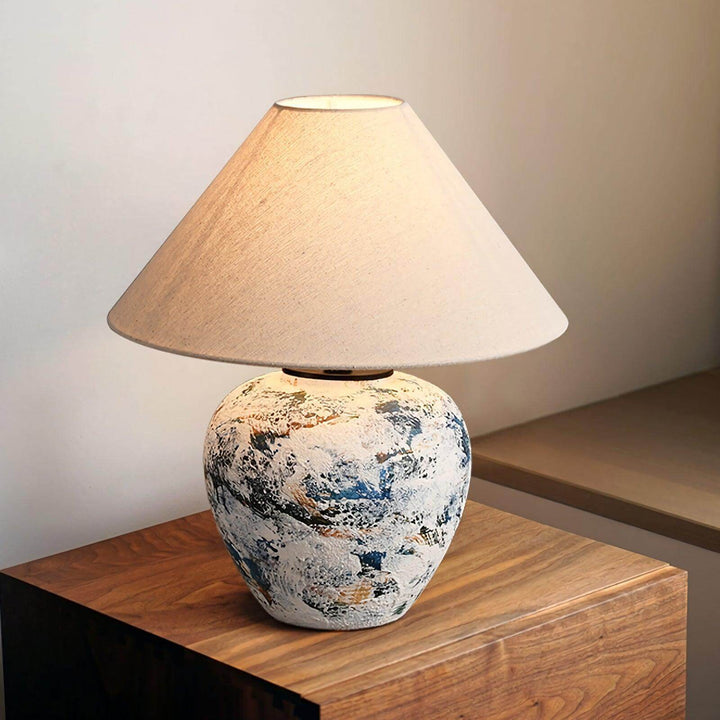Neoclassical ceramic table lamp with beige shade, perfect for sofa or farmhouse decor in living rooms.